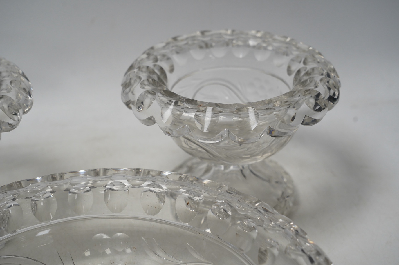 Three Victorian heavy cut glass bowls, largest 28cm. Condition - fair to good